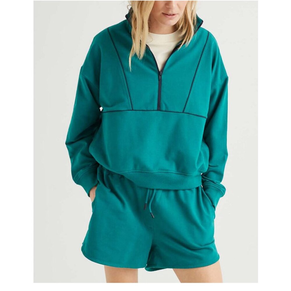 Richer Poorer / 2 Half Zip Mock Neck Sweatshirt / Teal & Black Size Med
